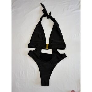 Sexy Black Monokini Cutout Swimsuit Halter Gold Detail High Leg SmalL